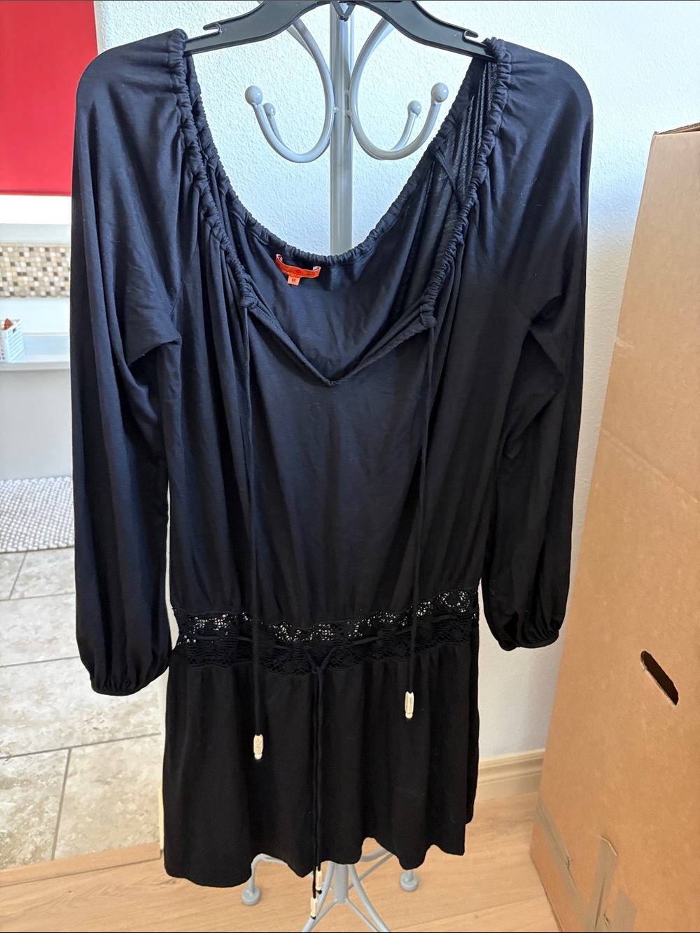 Michelle Jonas Black silk/spandex Cover-up/Dress w/ Crochet Waist Tie - M